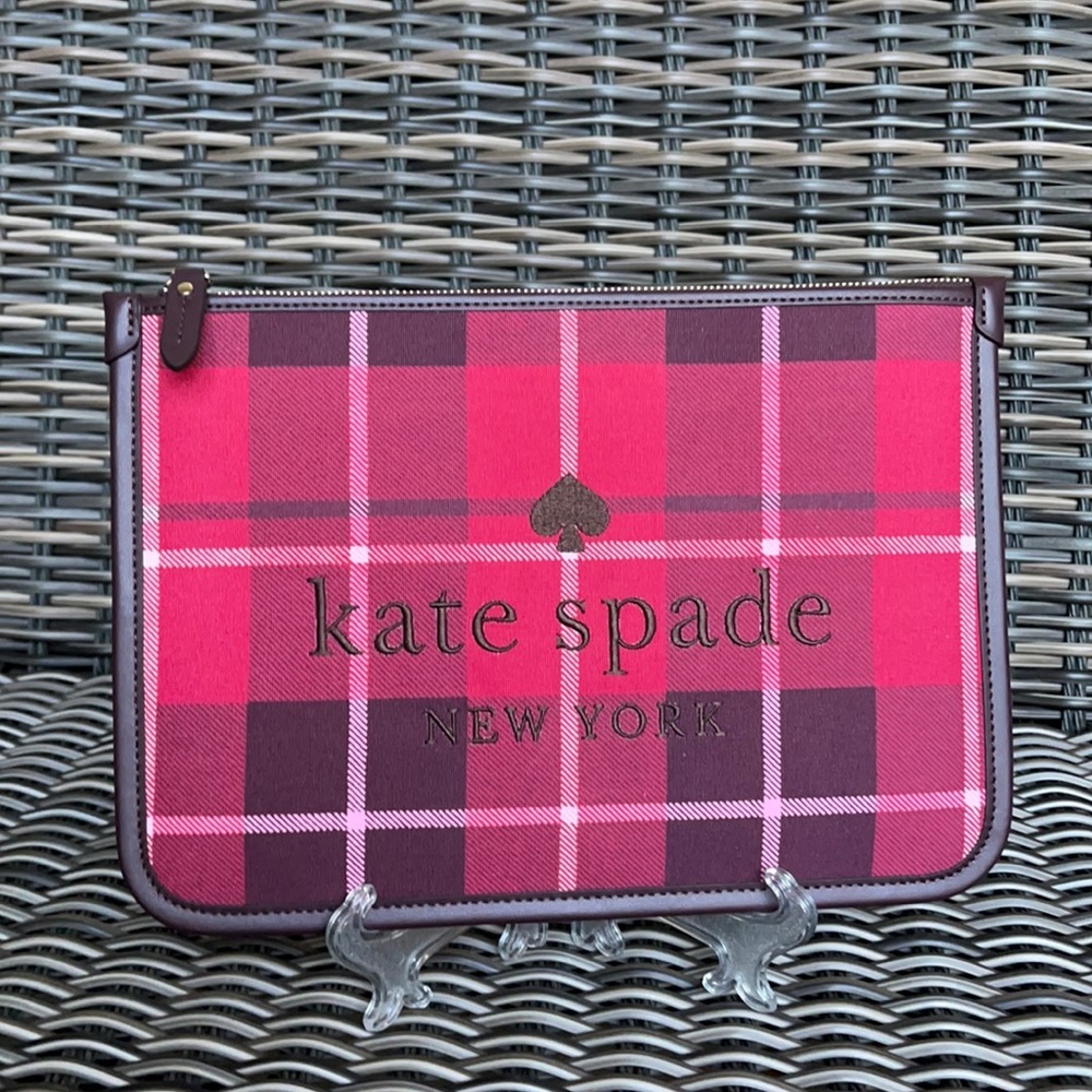 Kate Spade Ella Plaid Bright Rose Large Zip Pouch Clutch - Picture 14 of 16